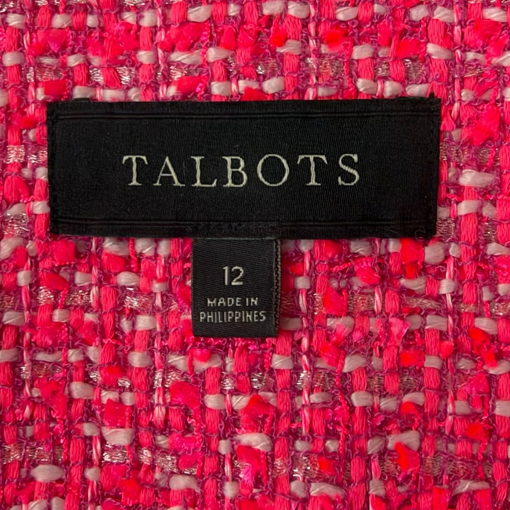 Talbots Tweed Blazer Womens 12 Pink Fringe Trim Button Front Peplum Jacket - Picture 7 of 10